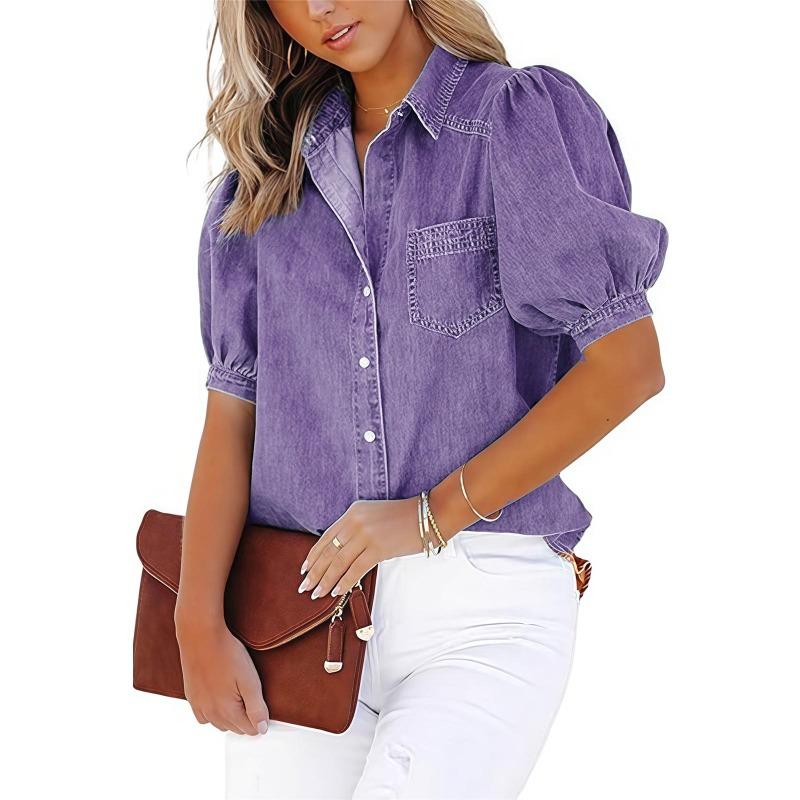 Chemise en jean à manches bouffantes pour femme Boutons devant Manches courtes Décontractée Multicolore