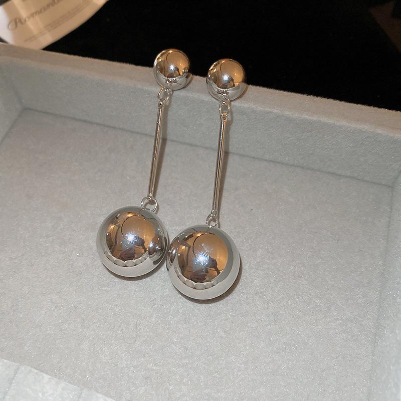 Round Ball Long Silver Needle Earrings Vintage Internet Celebrity Earrings