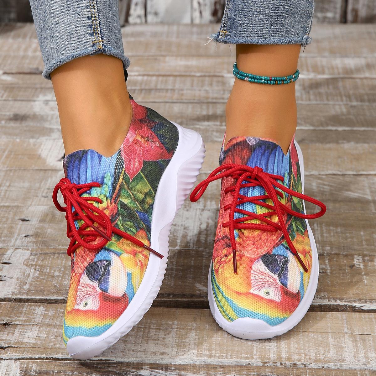 

Женские цветочные вязаные кроссовки 2024 года, новые дышащие сетчатые легкие спортивные туфли для ходьбы, женские повседневные носки на шнуровке 36 красный