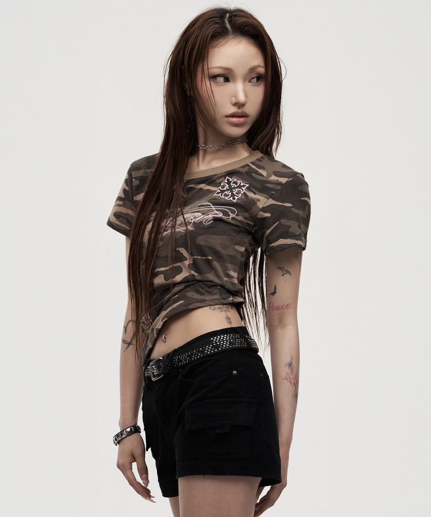 LANARCHIVE [0143] Camo Chain Embroidery Women'S Short Sleeve T-Shirt - Camo