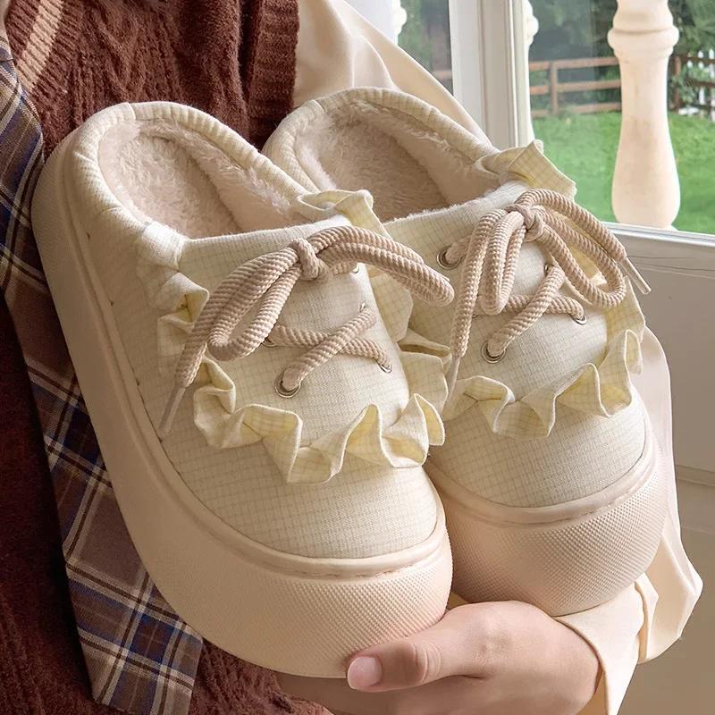 

Женские милые хлопковые тапочки Мэри Джейн с бантом, зимние мягкие тапочки с толстой подошвой для улицы, женская нескользящая домашняя обувь на плоском каблуке 36-37 бежевый