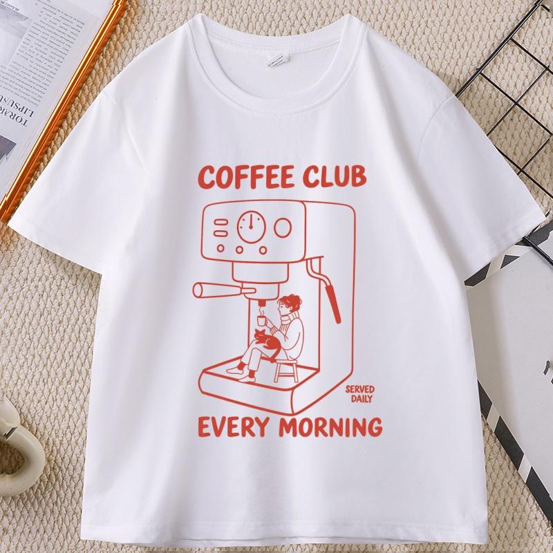 Coffee Club Every Morning Graphic T Shirt Espresso Machine Cozy Coffee Lover Tee Shirt Casual Cotton Short Sleeves Streetwear
