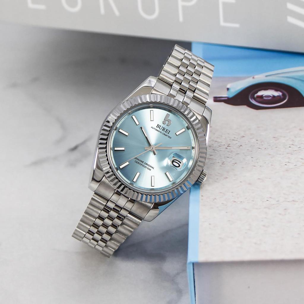 Automatic Brand Luminous [BUREI] Men's Watch, Waterproof, Analog, Mechanical, Popular, Business, Date, Watch, Simple, Casual, (Light Blue)