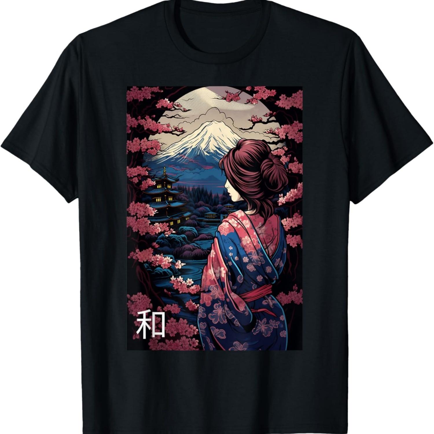Garden Mount Fuji Cherry Blossoms Geisha Japan T-Shirt(5) S чёрный