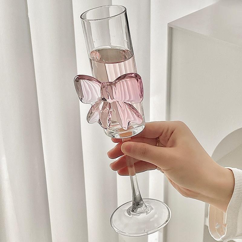Pink Bow Glass Mug Decor Glass Cup Goblet Bow Handle Glasses Wine Cocktail Glass Dessert Ice Cream Bowl Drinking Glass