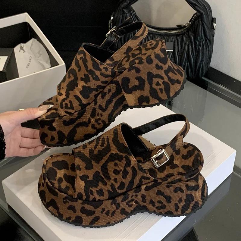 Eilyken New Summer Peep Toe Leopard Print Platform Wedges Women's Sandals Roman Style Buckle Strap High Heels Party Shoes