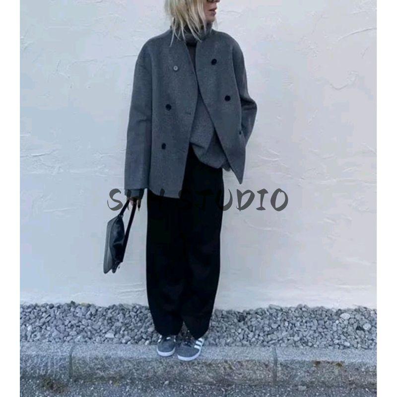 Autumn New Women's Clothing Korean Style Minimalist Stand Collar Long Sleeves Loose Double Breasted Short Woolen Overcoat Outwear
