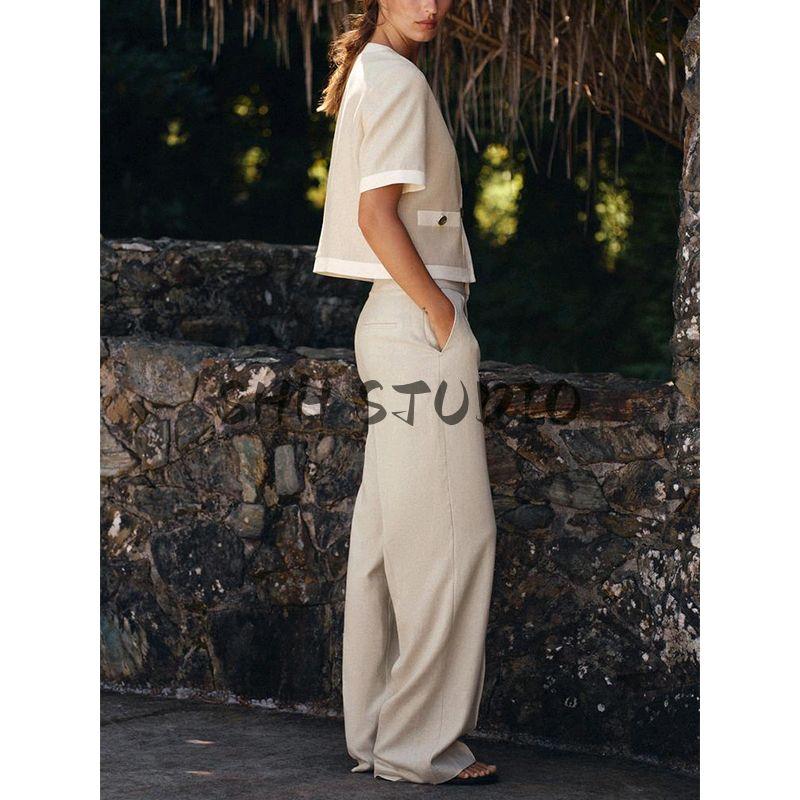 Linen Blended round Neck Short Sleeve Suit Outwear 3597998 High Waist Straight-leg Casual Pants 3723998