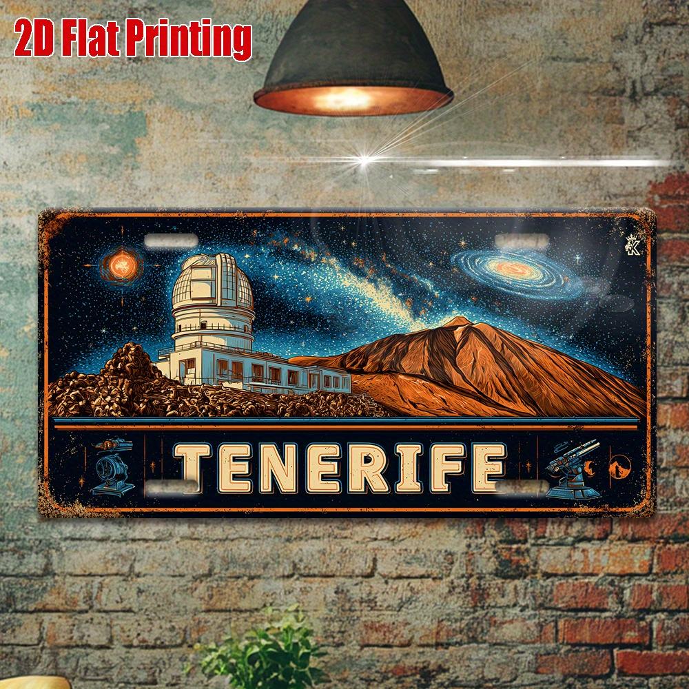 Printing, , Vintage Metal License Plate, Outdoor Wall Art , TENERIFE Aluminum Sign with Volcano and Observatory Design, Great