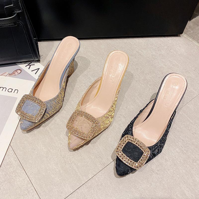 Fashion Rhinestone Buckle High Heels Women Slippers Pointed Toe Fluorescent Silk Wedges Slides Ladies Summer Shoes Crystal Sandals Women
