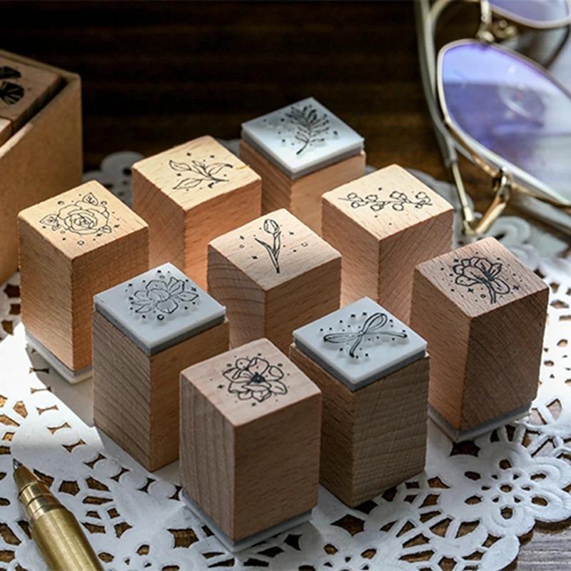 16Pcs DIY Stamping Art Bowknot Petal Leaf Wood Stamps for Scrapbooking Card Making Planner Decor Journal Hobby Craft Supplies