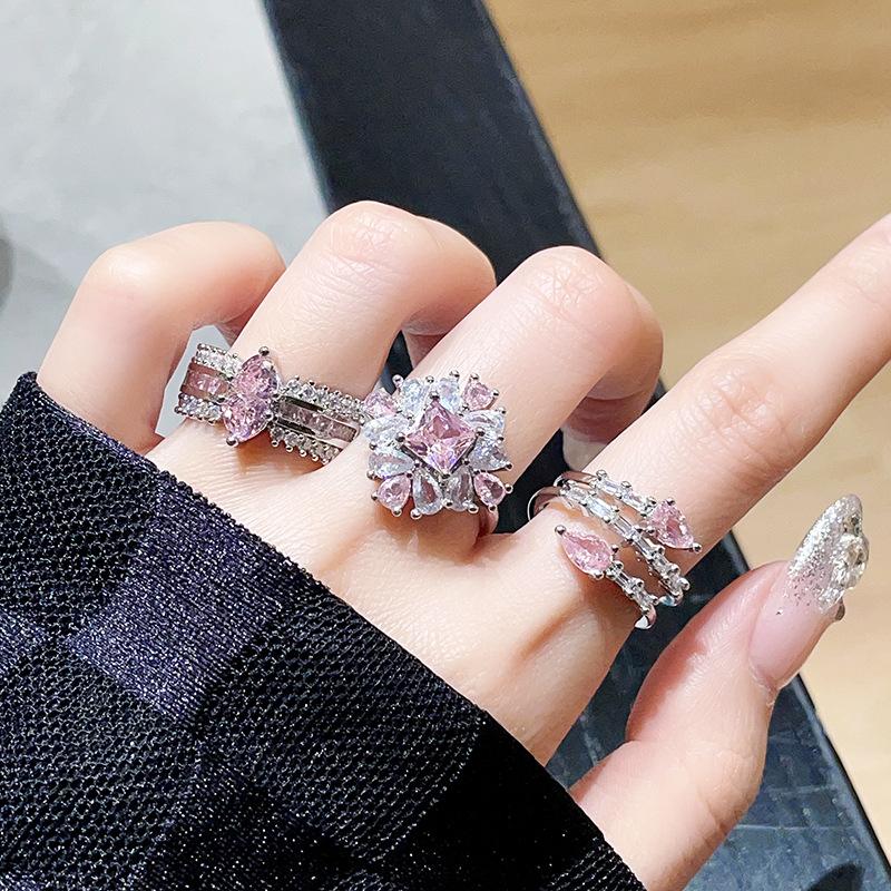 Niche Design Pear-Shaped Pink Zircon Multi-Layer Snake-Shaped Sweet And Cool Personality Open Ring Women'S Light Luxury High-End Ring