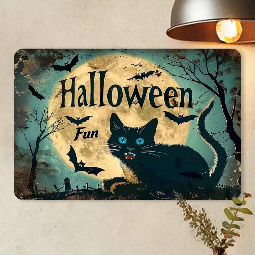 Planetjuice Planetjuice Halloween Black Cat Metal Tin Sign Vintage Wall Art Moon Bats