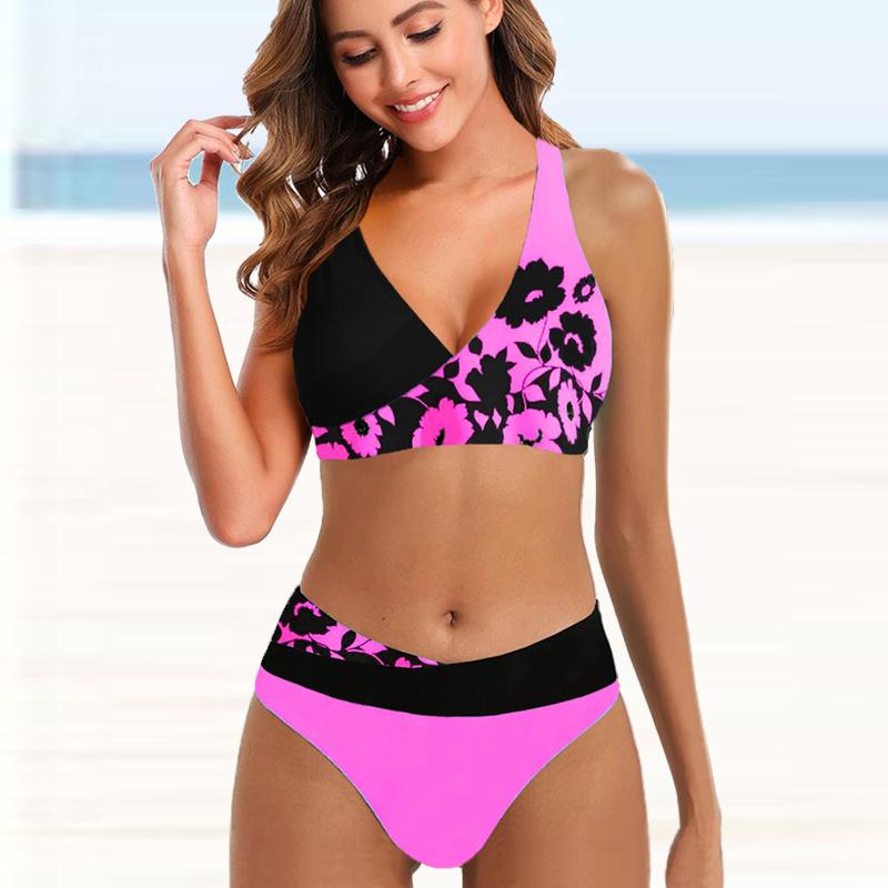 

Женские купальники, бикини, купальник из 2 предметов, пляжная одежда с открытой спиной и лямкой на шее, желтые и яркие купальные костюмы с цветочным принтом 4XL розовый