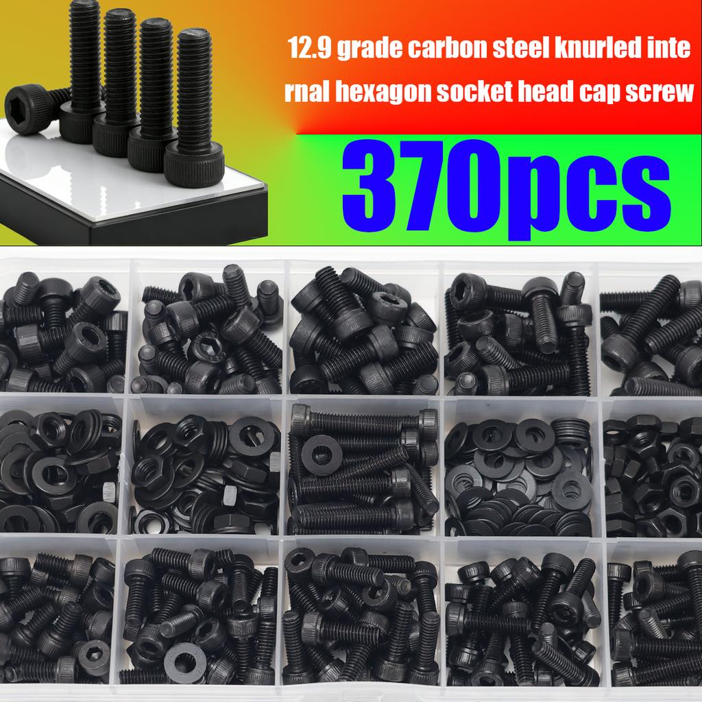 370pcs/12.9 Grade Black Hex Socket Head Cap Screws, Nuts, and Flat Washers Set; DIN912 Metric Bolt Fastener Set; M4 and M5 Bolts