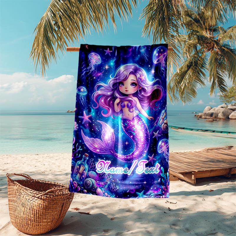 1PC Custom Name Mermaid Fantasy Underwater World Beach Towel Highly Absorbent And Sand-Resistant Towel for Swimming, Pool, Yoga, And Travel Lightweigh