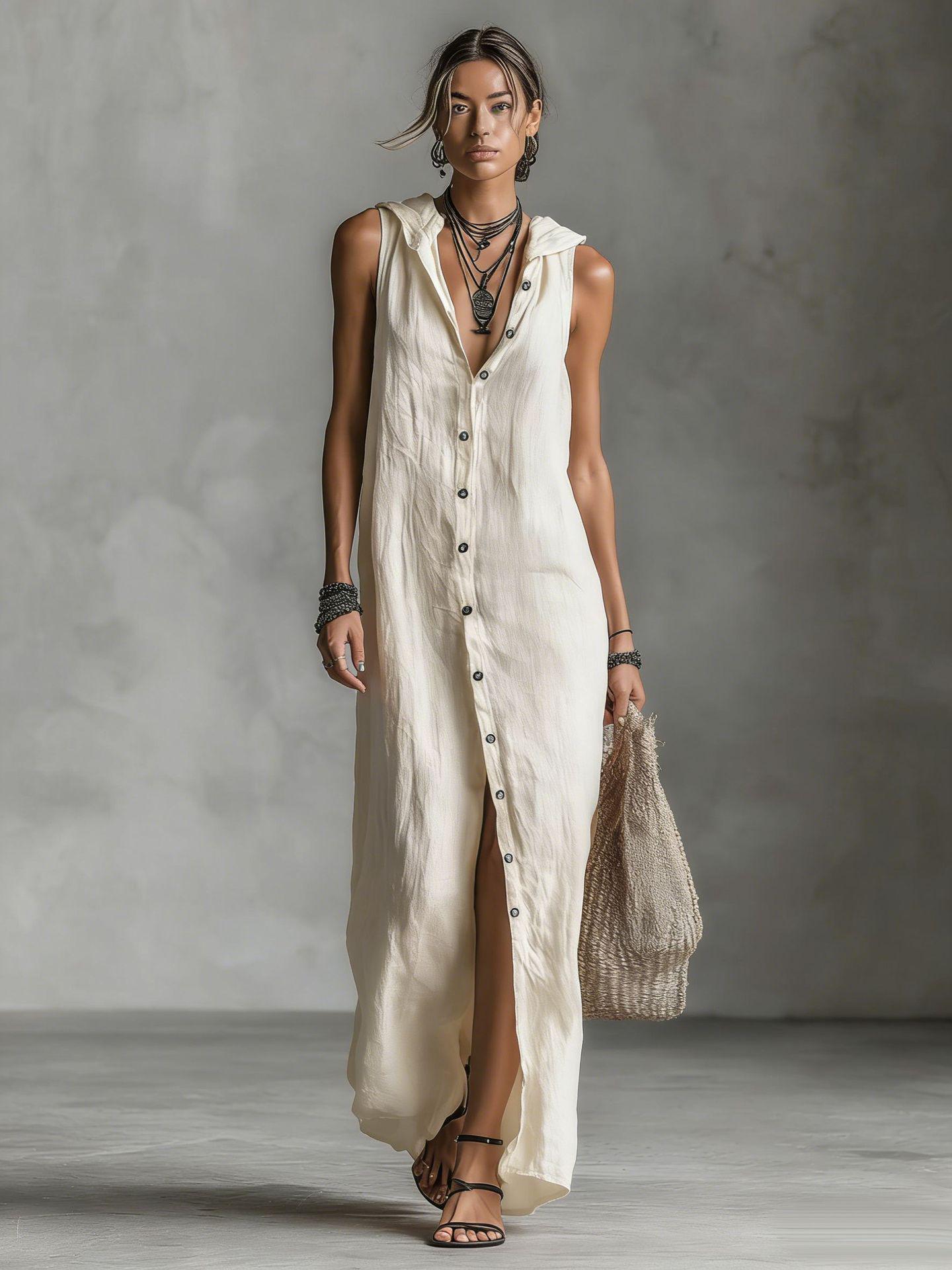 

2026 Summer Sleeveless Hooded Long Dress with Buckle Up Style for Women XXL