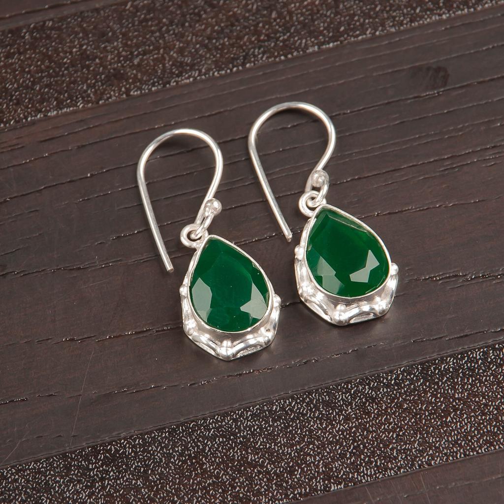925 Sterling Silver Green Onyx Gemstone Handmade Jewelry Dangle Earrings 1.30" EE-3-17