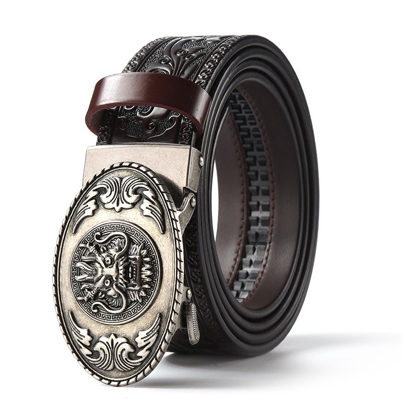 Men's Retro Dragon Head Genuine Leather Belt with Carved Embossed Design