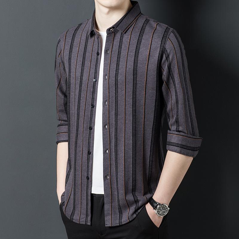 Camicia da Uomo Business Casual Primavera Tessuto Morbido Confortevole Traspirante Righe Rever