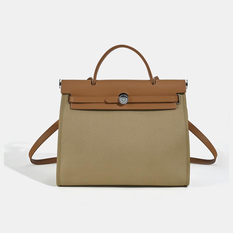 Tasche Rindsleder Canvas Farbblockdesign Große Kapazität Pendler Schulter Umhängetasche Handtasche