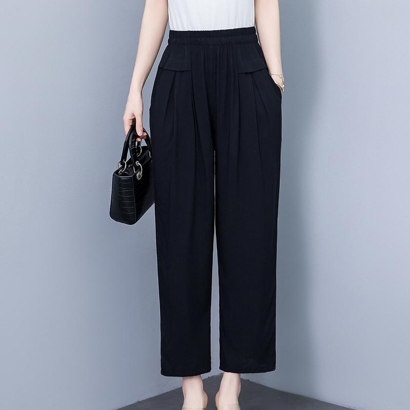 Pantalons pour femmes taille haute grande taille, pantalons amples vintage d'été, taille élastique, vêtements pour femmes d'âge moyen