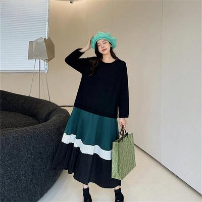 Women  New Autumn Dress Striped Elegant Patchwork Long Dress Loose Dress Black Long O-Neck Dresses