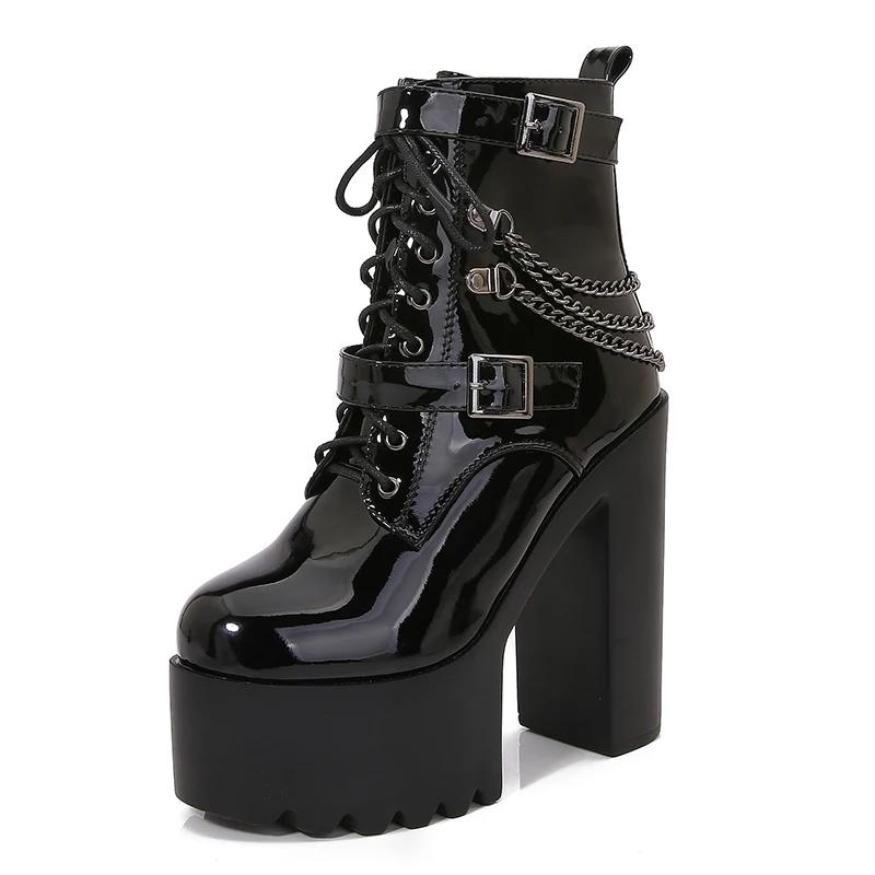 Modă 14CM Femei Cizme de Gleznă cu Toc Platformă Fermoar Punk Botine Motociclist Toc Înalt Gros Bloc Vârf Rotund Cizme de Modă