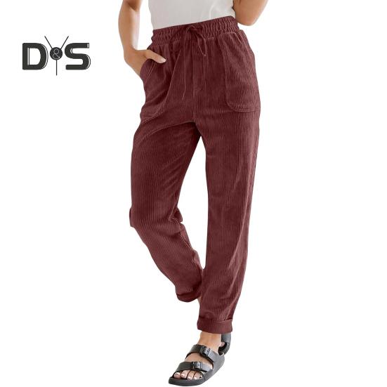 Women Corduroy Pants High Waist Baggy Drawstring Elastic Waist Casual Trousers Loose Fit Straight Leg Pockets Work Pants