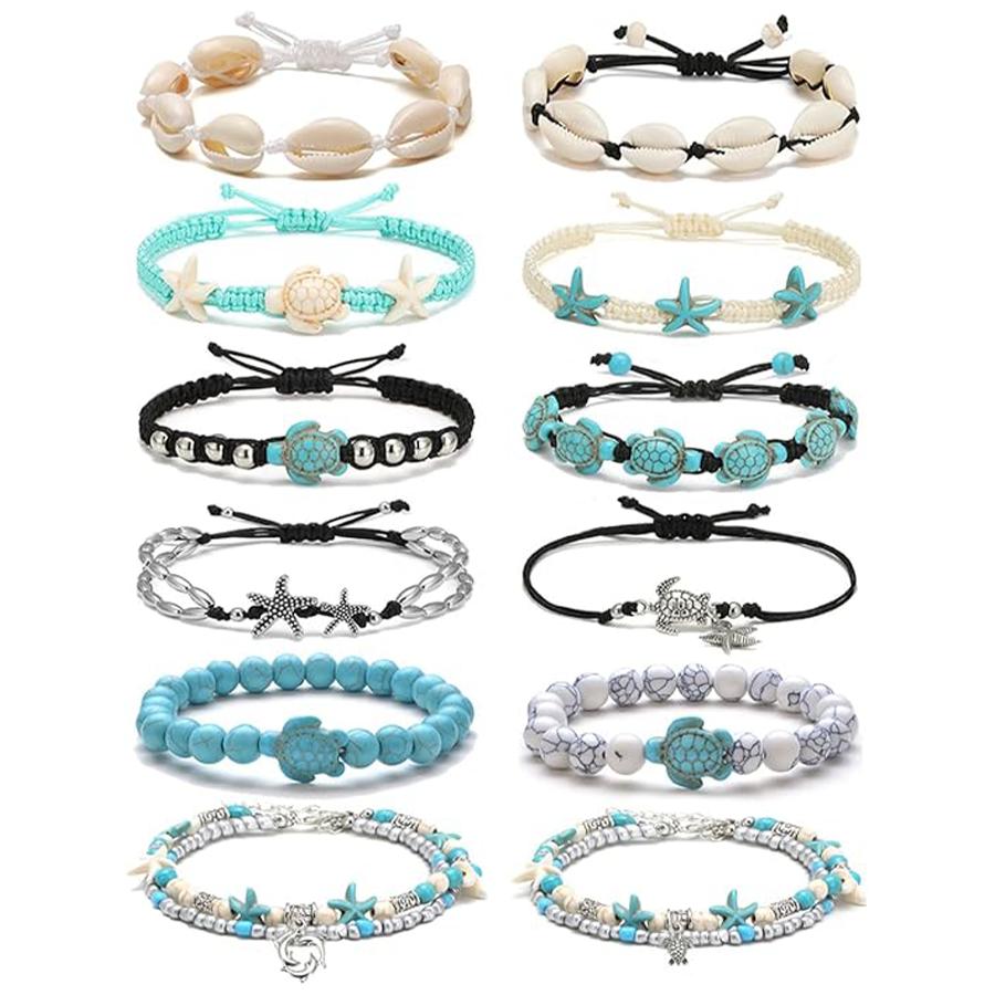 12Pcs Shell Turtle Ankle Bracelets Seashell Bead Starfish Cowrie Adjustable Anklets Boho Hawaii Summer Beach Foot Jewelry синий