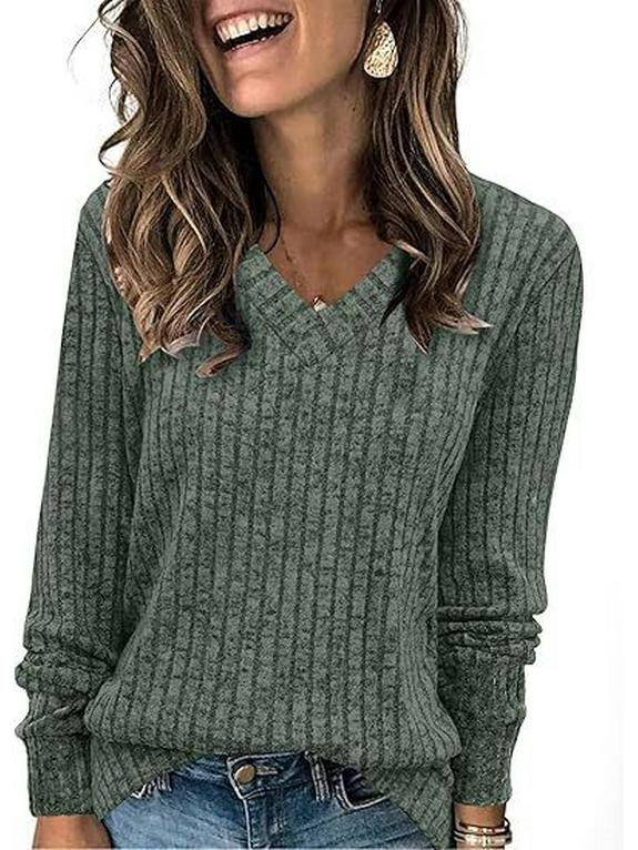 European & American Women's V-Neck T-Shirt with Short/Long Sleeves - Ribbed & Brushed Fashion Top, 2023 Edition