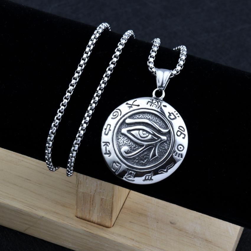 Eye Of Horus Round Pendant Necklace For Men Women Silver Retro Rune Hip Hop Punk Stainless Steel Chian Fashion Jewlery