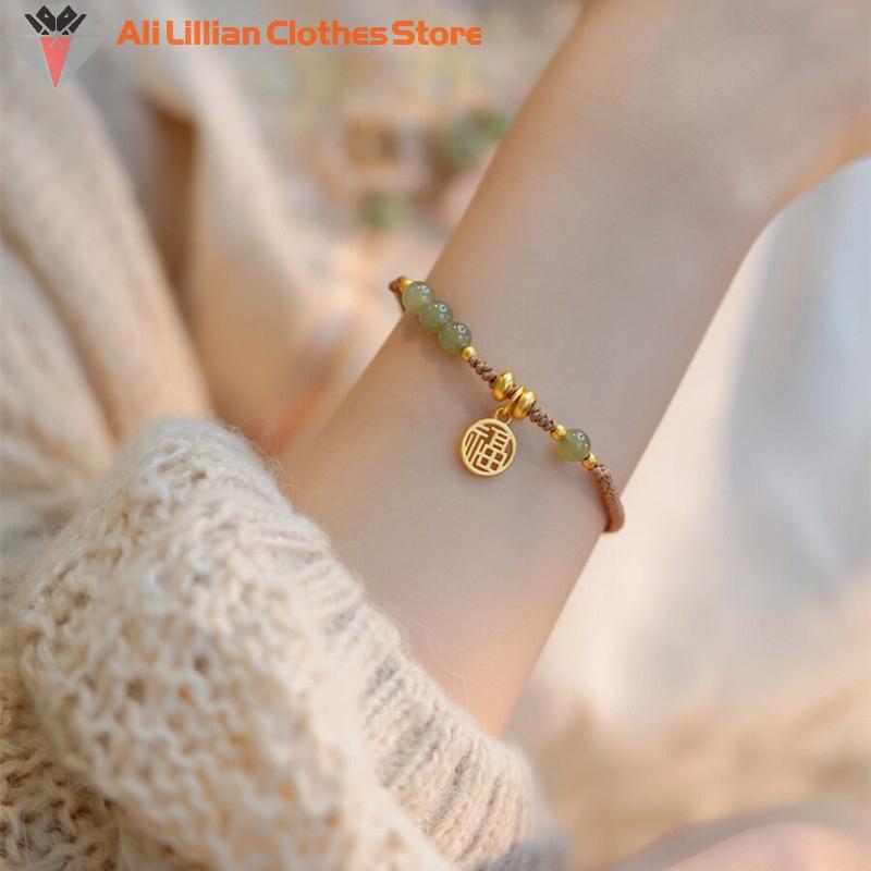 New Round/Chinese Character Natural Hetian Jade Lucky Charm Woven Braided Bracelets For Women Girls Fine Jewelry