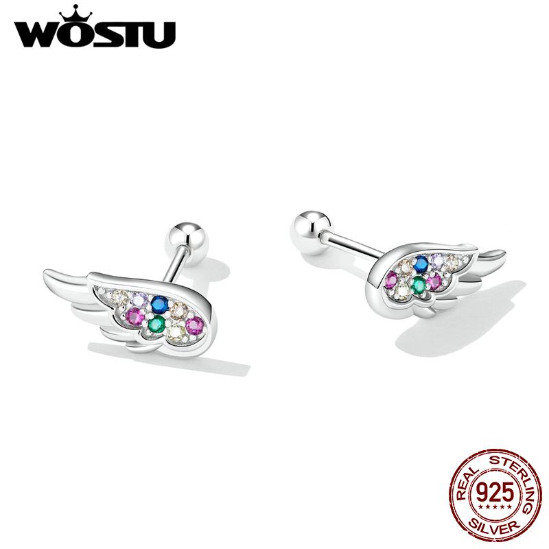 WOSTU Boucles d'oreilles à tige en argent sterling 925 avec mini ailes colorées en zircon et plumes pour femmes