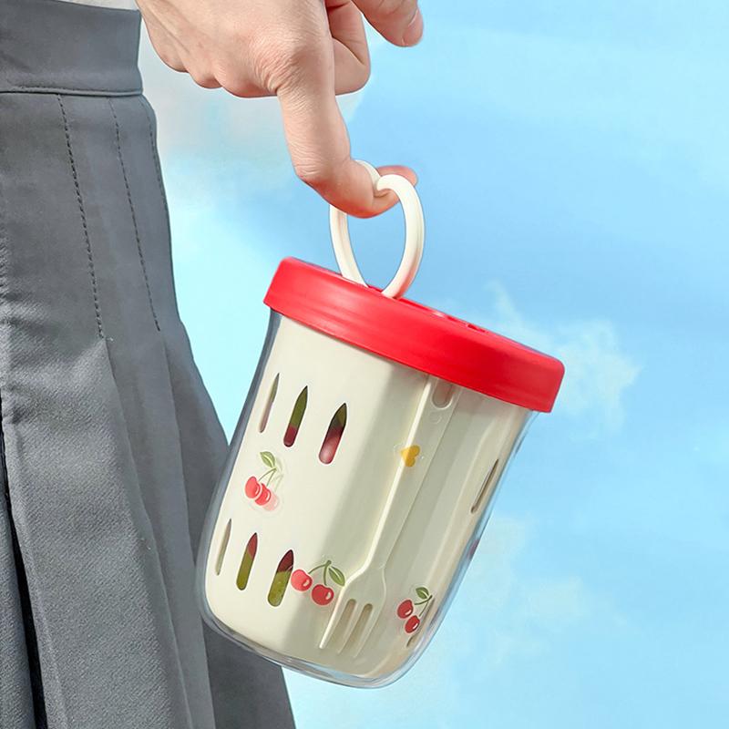 Double Wall Salad Cup Portable Leak Proof Oat Container With Fork&Handle Drain Fruit Cup Cute Breakfast Cup For Student