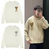 Unisex Chunky Knit Cardigan With Gold Thread Heart Motif Loose Fit Crew Neck Sweater Winter