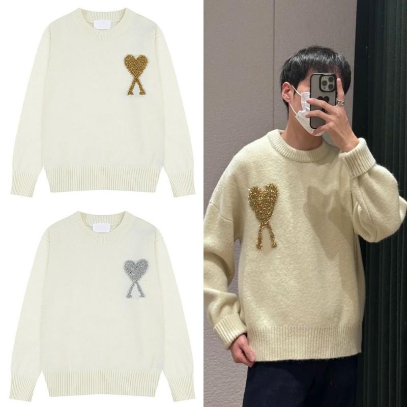 Unisex Chunky Knit Cardigan With Gold Thread Heart Motif Loose Fit Crew Neck Sweater Winter