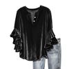 Women's Fashionable Color V-neck Seven Quarter Sleeve Button Versatile Loose Flared Sleeve Gold Velvet Pullover Top