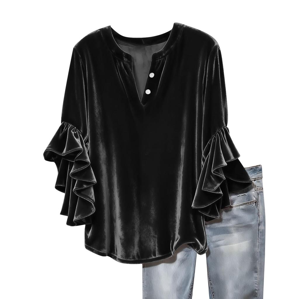 Women's Fashionable Color V-neck Seven Quarter Sleeve Button Versatile Loose Flared Sleeve Gold Velvet Pullover Top