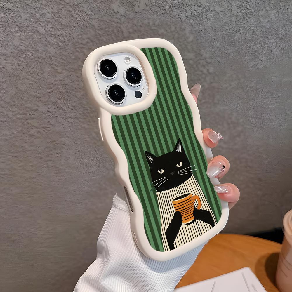 Cute Coffee Cat Wavy Edge TPU Mobile Phone Case for iPhone 17 16 15 14 13 12 11 Air Pro Max Plus Colorful Cover