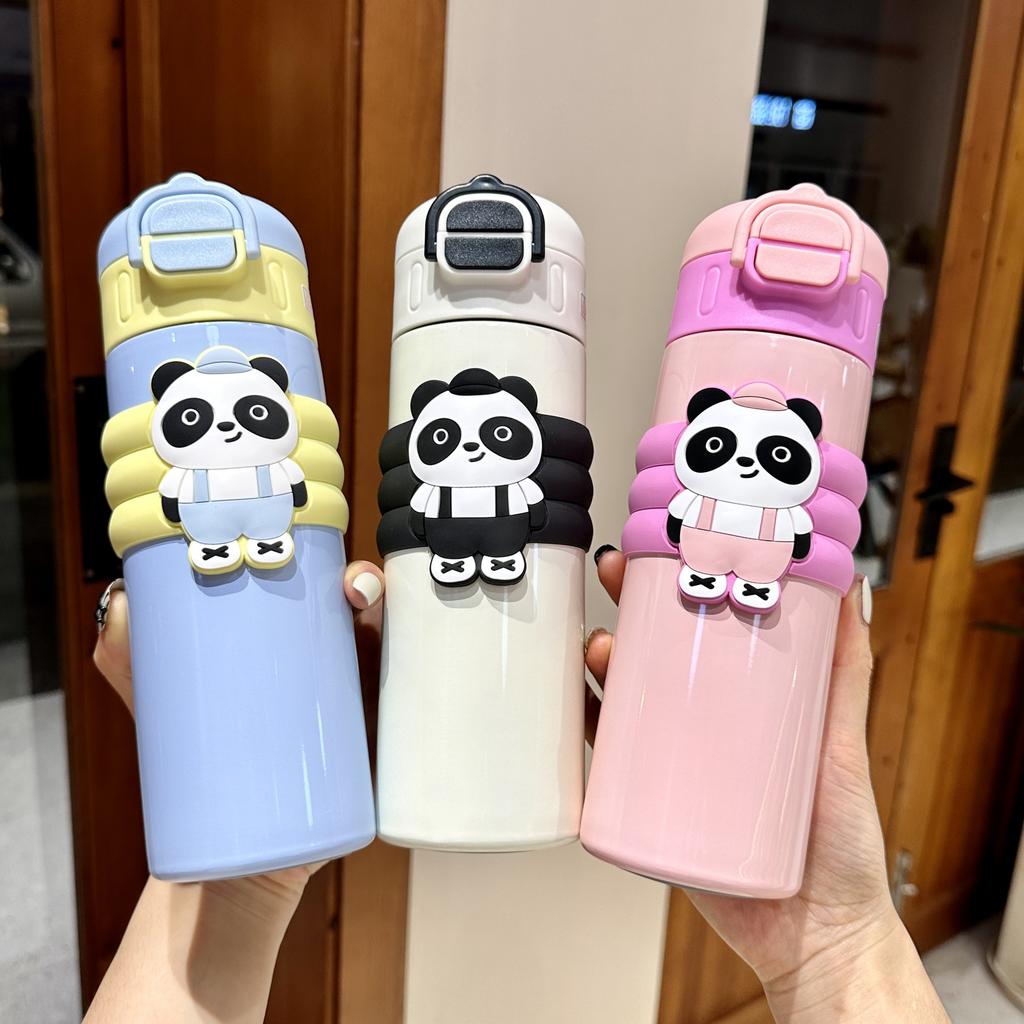 Double Drink Red Panda Large Capacity Kettle Thermos Cup Children's Cartoon Cute Straw Cup Portable Rope Water Cup