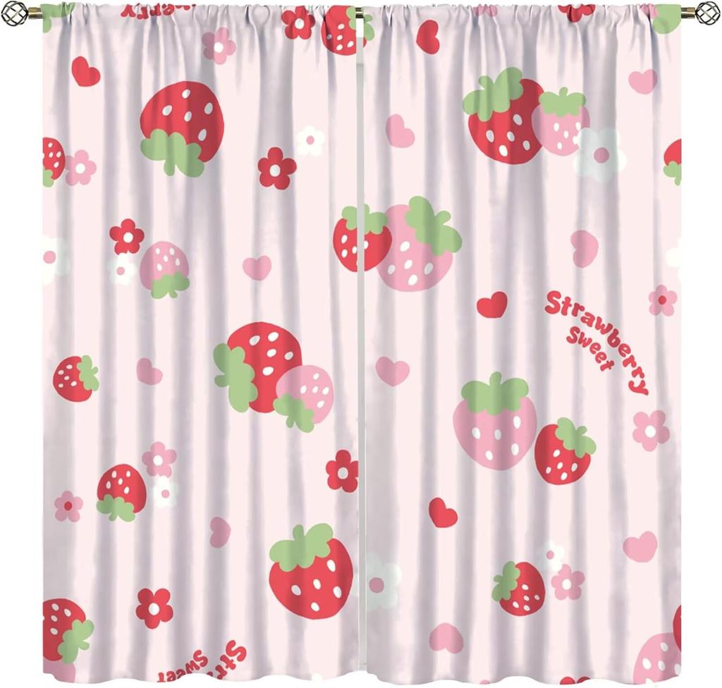 Erdbeer Frucht Blume Niedliche Vorhänge Groovy Funky Trendige Blumenbedruckte Stangentasche Fensterbehänge für Mädchen Schlafzimmer Wohnzimmer