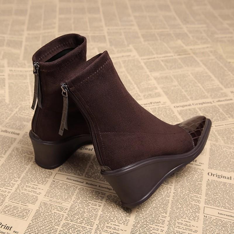 Wedge Heel Booties Fall  New Square Toe Paneled Suede Rear Zipper Soft Slip Booties