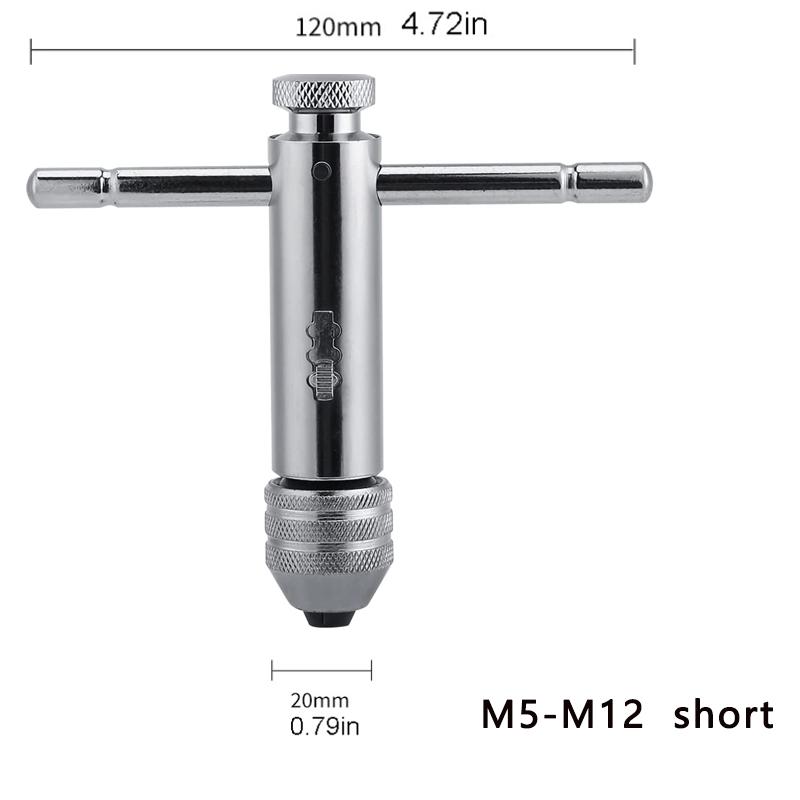 Adjustable M3-8 M5-12 Silver T-Handle Ratchet Tap Holder Wrench Set with 5pc M3-M8 Machine Screw Thread Metric Plug T-shaped Tap