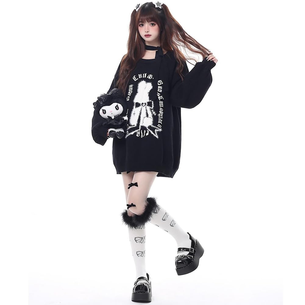 [SDSXZWG] Women's Long-Sleeved Sweatshirt with Print and Ribbon, Loose Fit, Stylish, Gal, Lolita, Cut and Sew Pullover, Schoolgirl Style, Commuting We