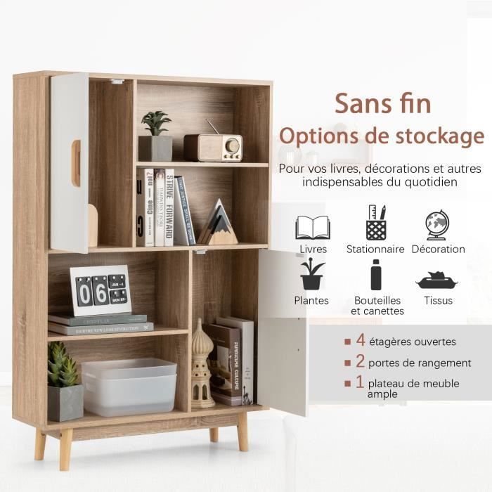 COSTWAY Bibliothèque à 4 Niveaux 80 x 24 x 120 CM, Meuble de Rangement avec portes, Étagères et Dispositif Anti-basculement,Blanc