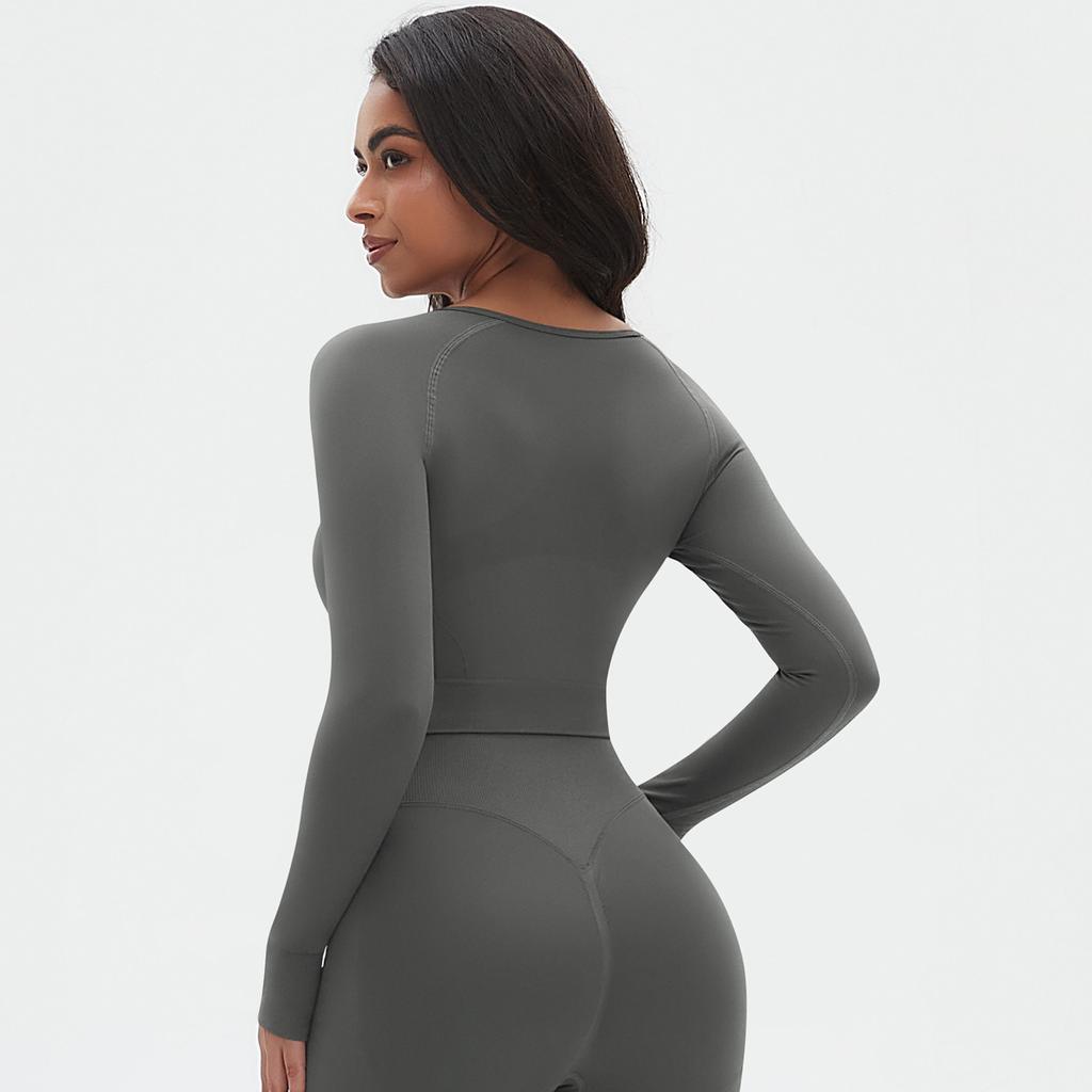 Seamless Knitted Solid Color Peach Tight T-shirt Top Fitness Exercise Yoga Clothing Moisture Absorbing Body Shaping Long Sleeve Women