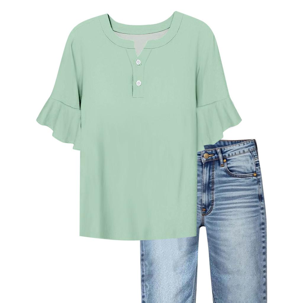 Women's Casual Fashion V-neck Ruffled Trumpet Sleeves Loose Versatile Solid Color Short Sleeves