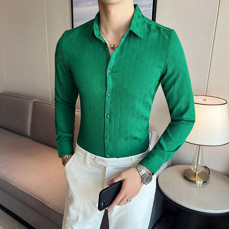 Korean Plaid Solid Color Shirts Spring Autumn Turn-down Collar Men's Clothing Single-breasted Stylish Jacquard Weave Slim Shirts