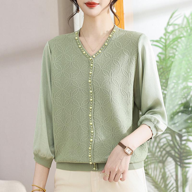 Chic Spring Gauze Sleeve Top for Stylish Middle-Aged & Elderly Women - Summer 3/4 Sleeve T-Shirt